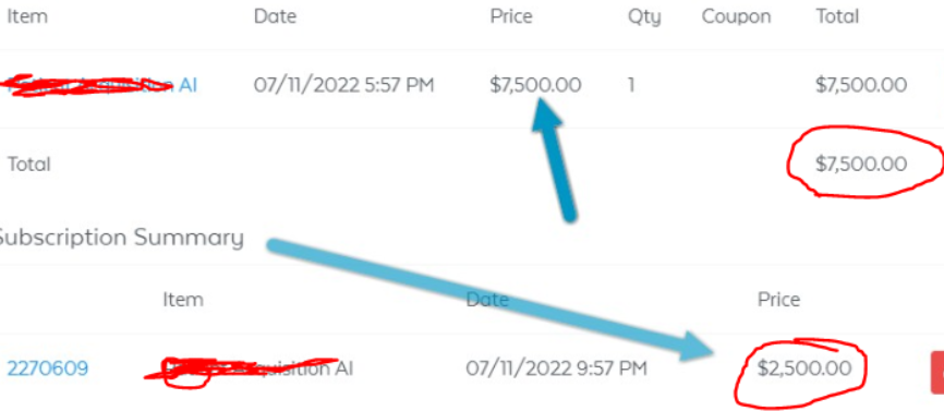 The July 11, 2022 receipt: $7,500 once and a $2,500 subscription