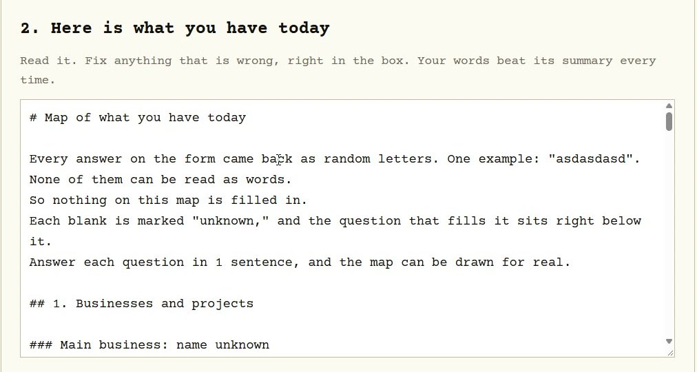 AI folder structure junk test: the map says every answer on the form came back as random letters and every blank is marked unknown