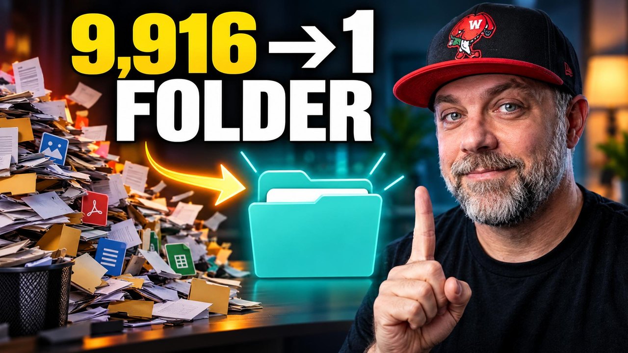 How I keep 9,916 files in 1 folder with Jake Van Clief's ICM folder structure: a pile of loose files on the left, 1 folder on the right