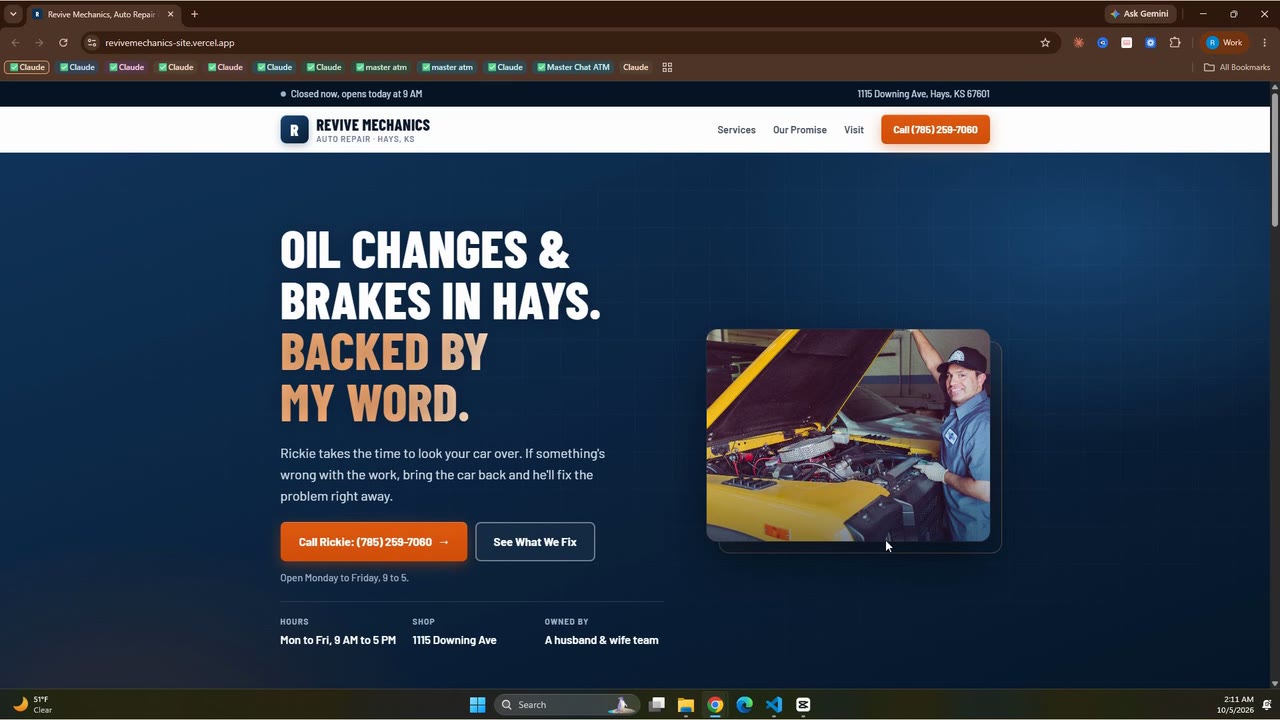 The Claude Code website live on Vercel: Revive Mechanics, Oil Changes and Brakes in Hays, Backed by My Word, with the call button and a stock photo