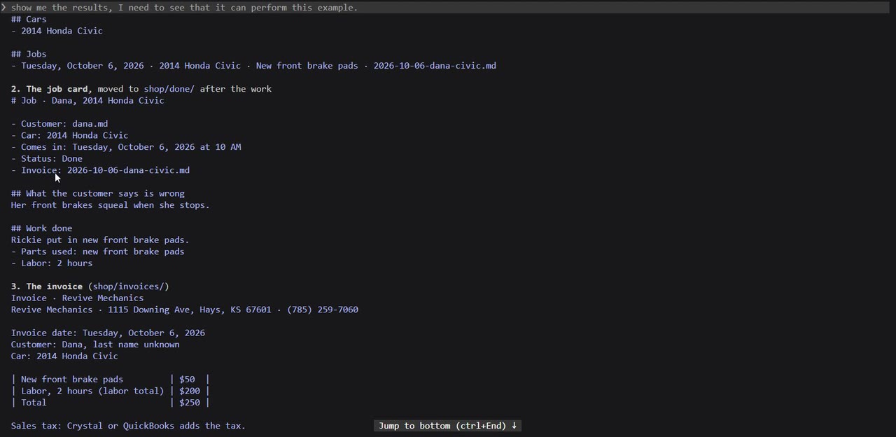 Business OS walk test from the Claude Code website build: Dana's job card moved to done and her $250 invoice for front brake pads and 2 hours of labor
