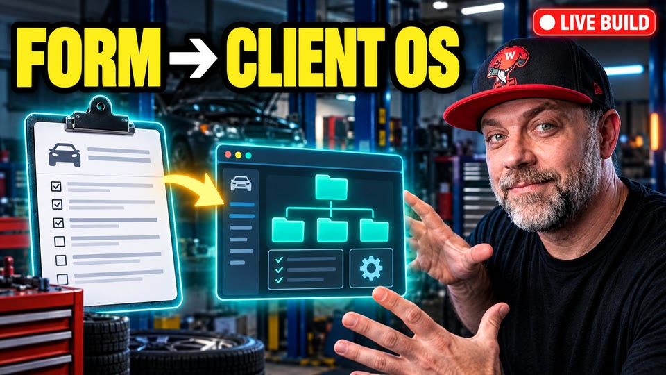 Claude Code website live build video: a car shop's onboarding form turns into a client OS folder tree