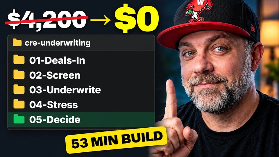 CRE underwriting video: $4,200 a year of underwriting software crossed out to $0, the 5 underwriting folders from 01-Deals-In to 05-Decide, a 53 minute build