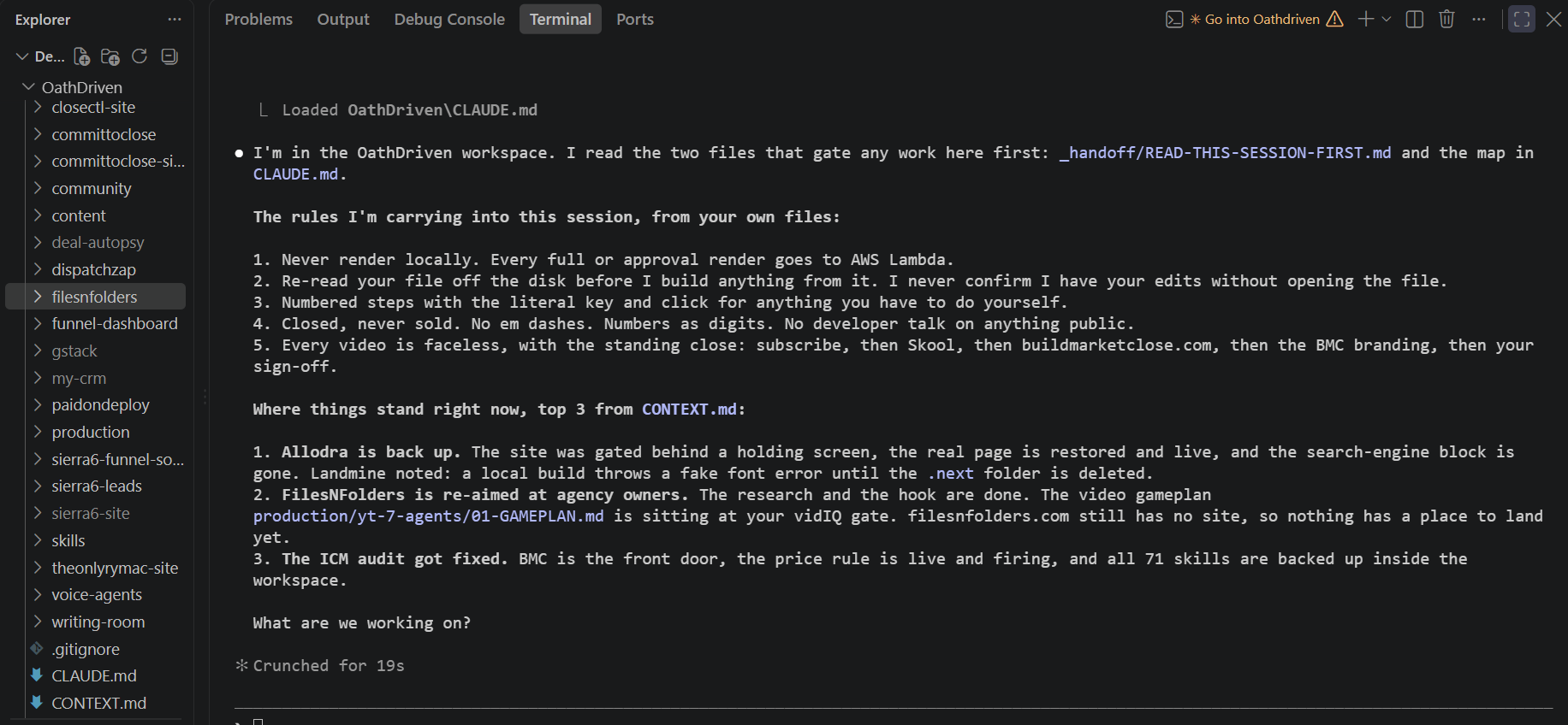 A terminal window. CLAUDE.md is loaded at the top, the standing rules are listed in plain English underneath, and filesnfolders is highlighted in the folder sidebar on the left.