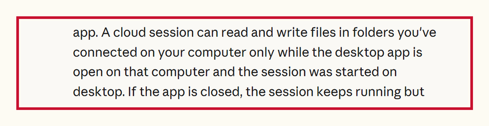 The Claude Cowork cloud rule for local files: a cloud session can read and write your connected folders only while the desktop app is open and the session was started on desktop