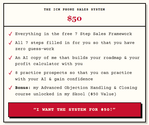 What this page shows when you come back: the ICM Phone Sales System at $50