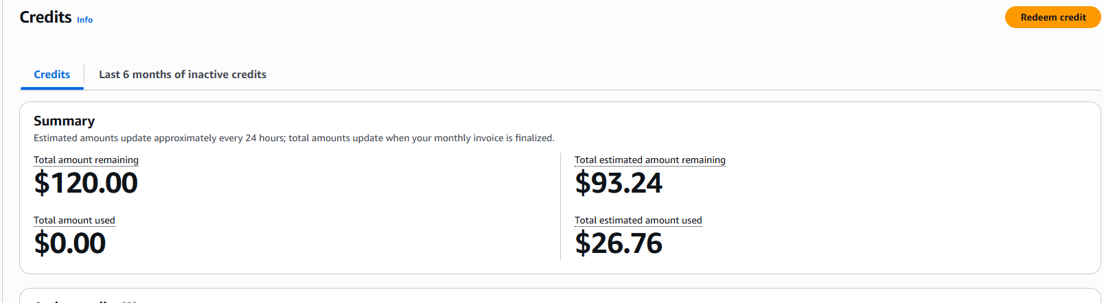 The ICM production line's cloud bill: $26.76 of estimated usage and $0.00 charged to the card