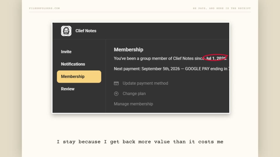 Membership receipt showing a paid Clief Notes membership since 1 July 2026 with the next payment in September