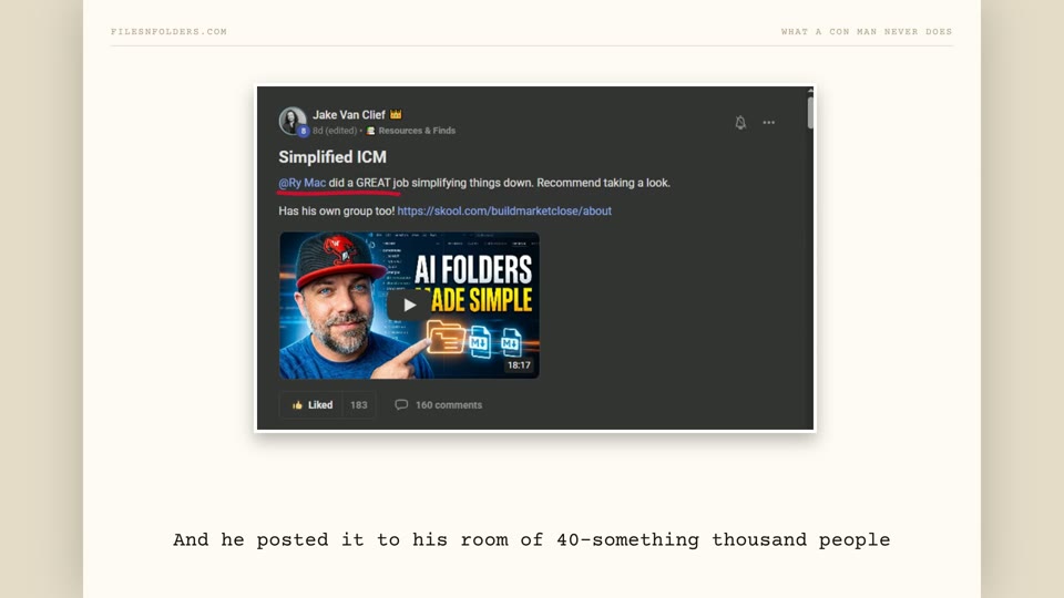 Jake Van Clief posting a recommendation of RyMac's ICM explainer video inside his own community, with 183 likes and 160 comments