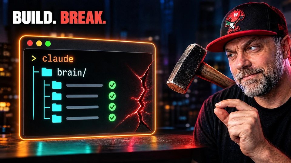 Second brain for Claude Code video: a brain folder built in the terminal and RyMac with a hammer ready to break it