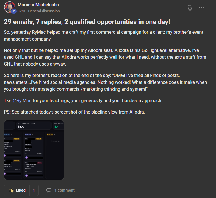 Marcelo's post in my Skool: 29 emails, 7 replies, 2 qualified opportunities in one day