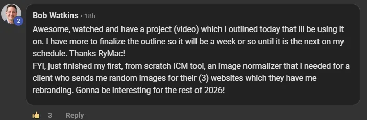 Bob Watkins after the production line video: just finished my first from scratch ICM tool, an image normalizer for a client with 3 websites