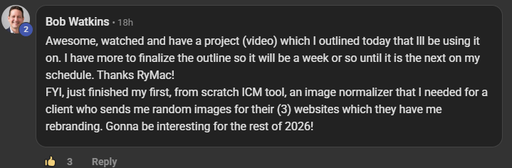 Bob Watkins after the production line video: just finished my first from scratch ICM tool, an image normalizer for a client with 3 websites