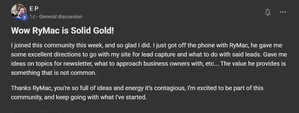 E P on joining the Build Market Close Skool community and getting lead capture direction from RyMac: the value he provides is something that is not common