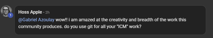 Hoss Apple on the breadth of the ICM folder structure in the Build Market Close Skool community: wow, amazed at the creativity and breadth