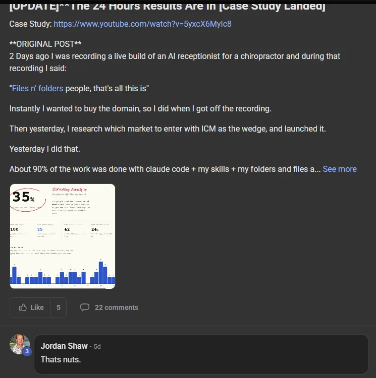 Jordan Shaw reacting to the ICM folder system running live in Claude Code: Thats nuts.
