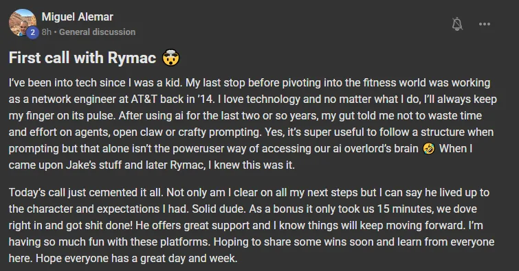 Miguel Alemar, a former AT&T network engineer, on his first call with RyMac about the ICM folder system: clear on all my next steps, he lived up to the character and expectations I had, solid dude