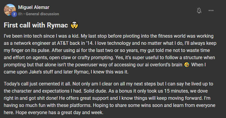 Miguel Alemar, a former AT&T network engineer, on his first call with RyMac about the ICM folder system: clear on all my next steps, he lived up to the character and expectations I had, solid dude
