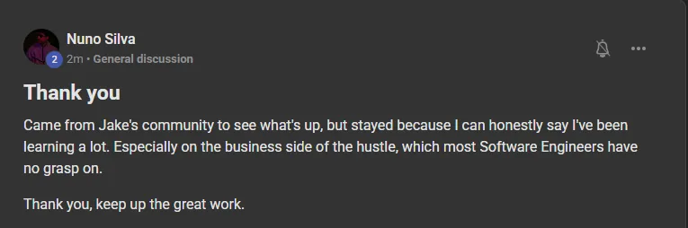 Nuno Silva, a software engineer, on the ICM folder system in the Build Market Close Skool community: came from Jake's community and stayed for the business side of the hustle