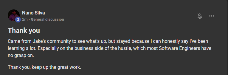 Nuno Silva, a software engineer, on the ICM folder system in the Build Market Close Skool community: came from Jake's community and stayed for the business side of the hustle