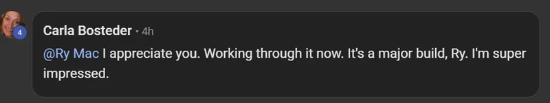 Carla Bosteder in the Build Market Close Skool community, working through the production line: I appreciate you. Working through it now. It's a major build, Ry. I'm super impressed.