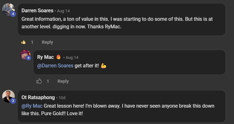 2 comments on a Build Market Close lesson. Darren Soares: Great information, a ton of value in this. I was starting to do some of this. But this is at another level. digging in now. Thanks RyMac. Ot Ratsaphong: Great lesson here! I'm blown away. I have never seen anyone break this down like this. Pure Gold!! Love it!