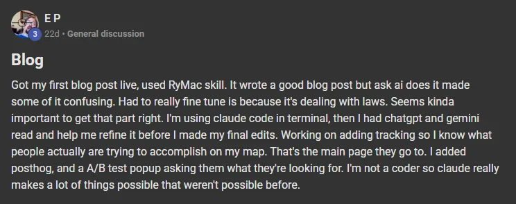 E P posting on the Build Market Close Skool titled Blog: Got my first blog post live, used RyMac skill. It wrote a good blog post but ask ai does it made some of it confusing. Had to really fine tune is because it's dealing with laws. Seems kinda important to get that part right. I'm using claude code in terminal, then I had chatgpt and gemini read and help me refine it before I made my final edits. Working on adding tracking so I know what people actually are trying to ac