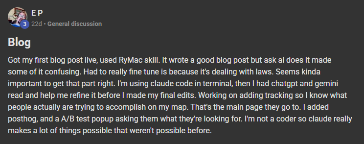 E P posting on the Build Market Close Skool titled Blog: Got my first blog post live, used RyMac skill. It wrote a good blog post but ask ai does it made some of it confusing. Had to really fine tune is because it's dealing with laws. Seems kinda important to get that part right. I'm using claude code in terminal, then I had chatgpt and gemini read and help me refine it before I made my final edits. Working on adding tracking so I know what people actually are trying to ac