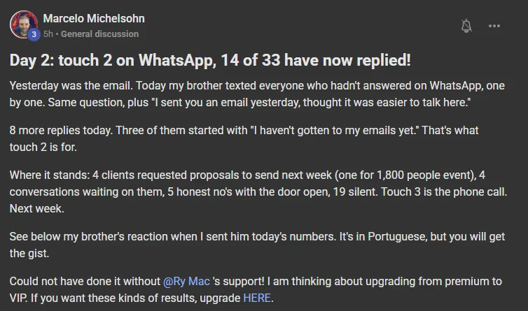Marcelo Michelsohn, a post on the Build Market Close Skool, a paying premium member: Day 2, touch 2 on WhatsApp, 14 of 33 have now replied. Yesterday was the email. Today my brother texted everyone who hadn't answered on WhatsApp, one by one. 8 more replies today. Where it stands: 4 clients requested proposals to send next week, one for an 1,800 people event, 4 conversations waiting on them, 5 honest no's with the door open, 19 silent. Touch 3 is the phone call. Could not have done it without Ry Mac's support! I am thinking about upgrading from premium to VIP.