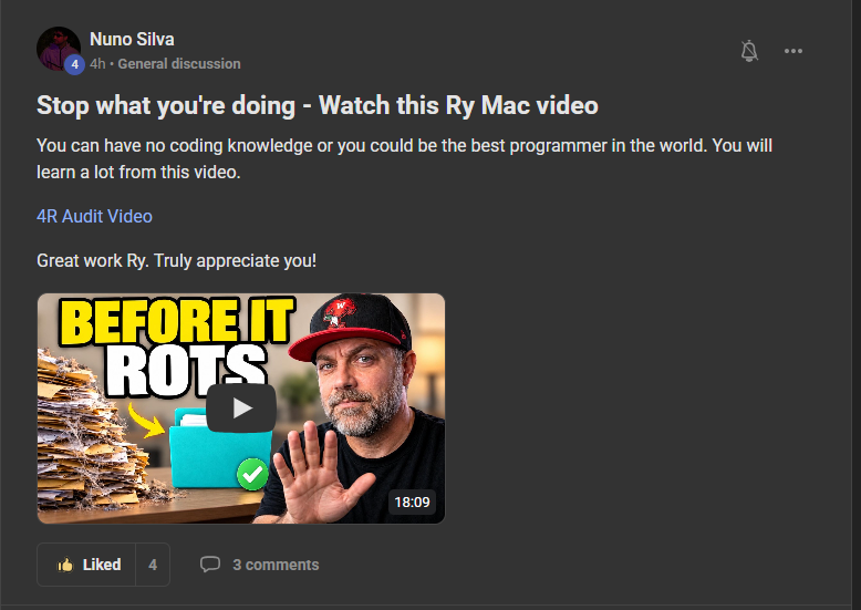 Nuno Silva posting on the Build Market Close Skool titled Stop what you're doing - Watch this Ry Mac video: You can have no coding knowledge or you could be the best programmer in the world. You will learn a lot from this video. 4R Audit Video Great work Ry. Truly appreciate you!