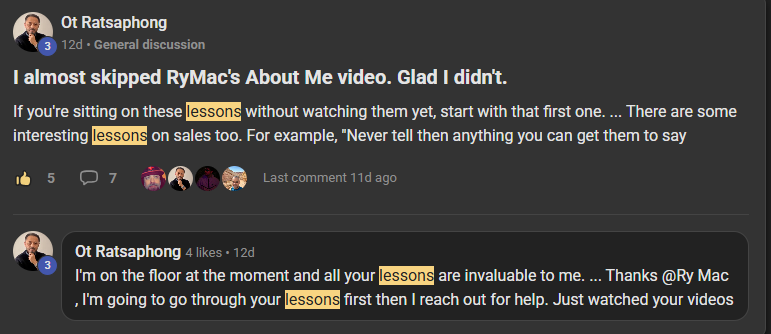 Ot Ratsaphong posting on the Build Market Close Skool, titled I almost skipped RyMac's About Me video. Glad I didn't. 5 likes and 7 comments. In the comments he adds: I'm on the floor at the moment and all your lessons are invaluable to me. Thanks Ry Mac, I'm going to go through your lessons first then I reach out for help. Just watched your videos.