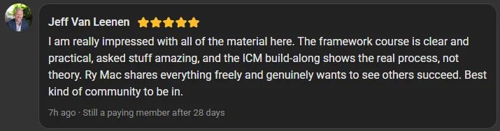Jeff Van Leenen, 5 star review on the Build Market Close Skool, still a paying member after 28 days: I am really impressed with all of the material here. The framework course is clear and practical, asked stuff amazing, and the ICM build-along shows the real process, not theory. Ry Mac shares everything freely and genuinely wants to see others succeed. Best kind of community to be in.