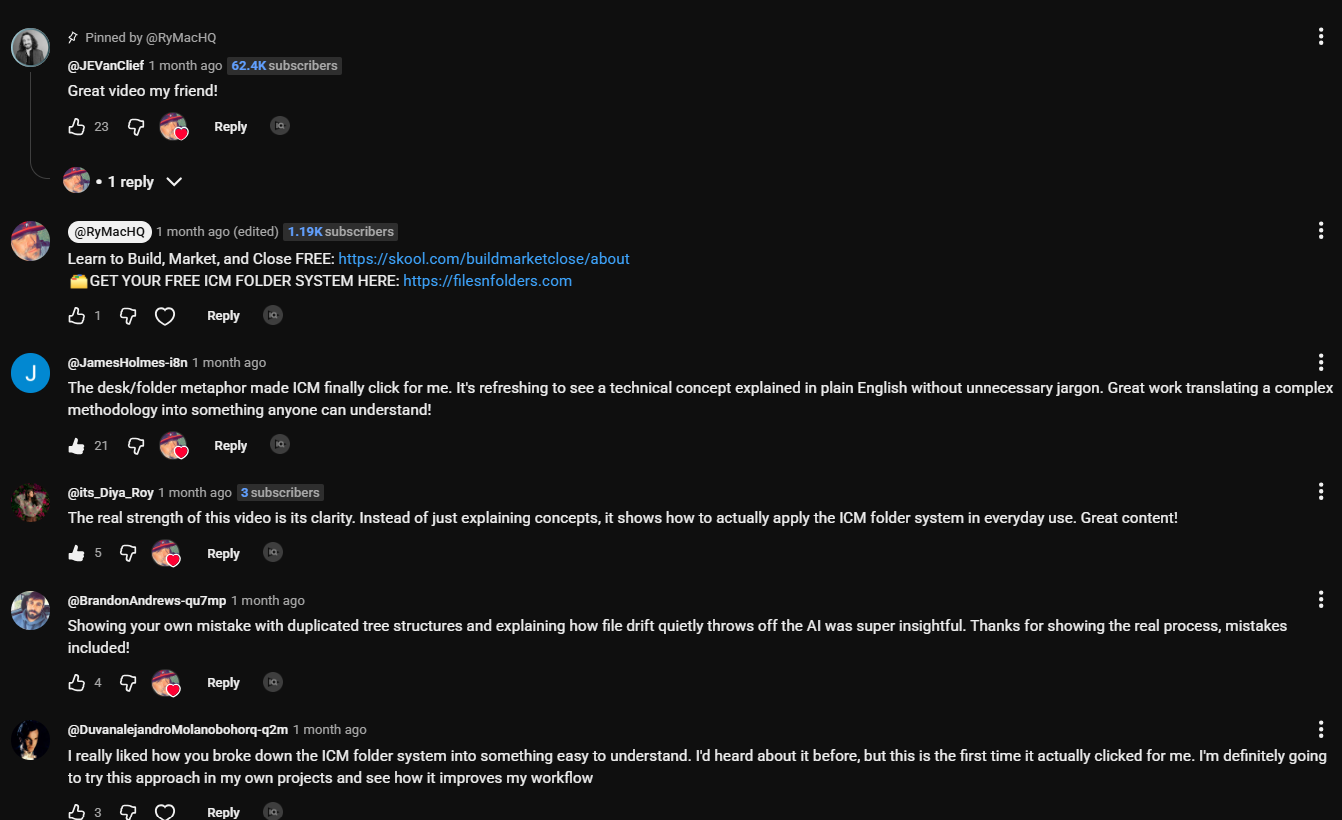 Jake Van Clief, the author of the ICM methodology, 62.4 thousand subscribers, pinned comment on the ICM video with 23 likes: Great video my friend! Below it, James Holmes with 21 likes: The desk and folder metaphor made ICM finally click for me. It's refreshing to see a technical concept explained in plain English without unnecessary jargon. Great work translating a complex methodology into something anyone can understand. Then its Diya Roy: The real strength of this video is its clarity. Instead of just explaining concepts, it shows how to actually apply the ICM folder system in everyday use. Then Brandon Andrews: Showing your own mistake with duplicated tree structures and explaining how file drift quietly throws off the AI was super insightful. Thanks for showing the real process, mistakes included. Then Duvan Alejandro: I really liked how you broke down the ICM folder system into something easy to understand. I'd heard about it before, but this is the first time it actually clicked for me.