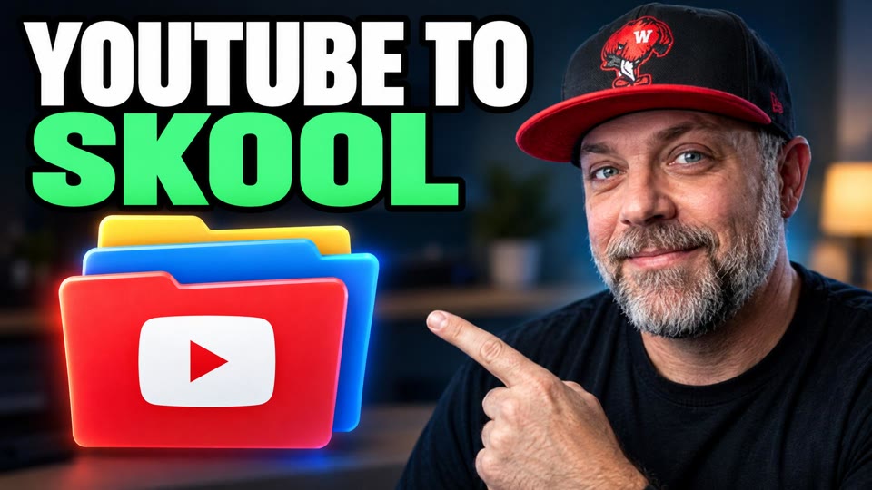 YouTube to Skool, a folder stack with the play button, how a YouTube video becomes a Skool classroom lesson with Claude Code, the video